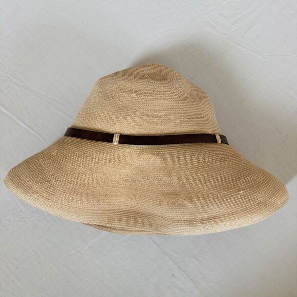 Grevi Wide Brim Sun Hat Beige Brown Leather Band Made In Italy Sz S 100% Hemp main image 9